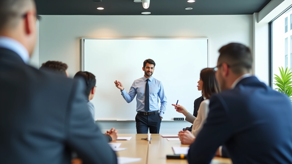 Modern training facility with goal-setting workshop in progress, participants engaged in strategic planning session, collaborative learning environment