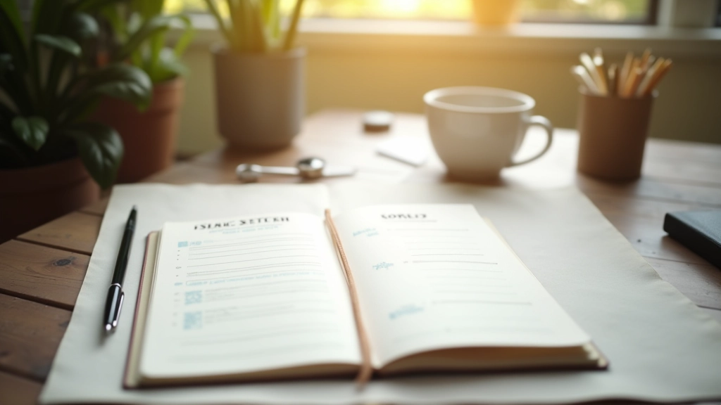 Professional workspace with notebook, pen, and goal-setting planning documents on clean desk