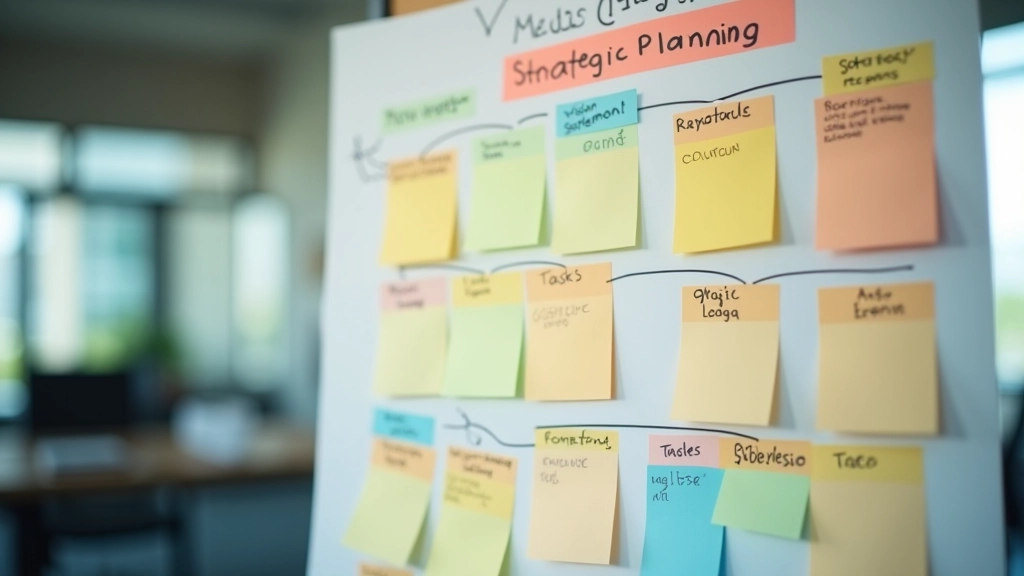 Layered planning structure visualization showing five-year vision at top, annual goals in middle, and quarterly actions at bottom on strategic planning board