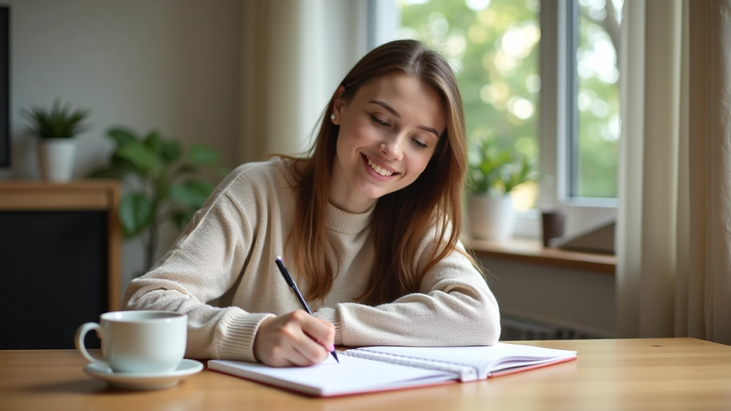 Person writing detailed goal plan in notebook at desk with coffee cup and planner